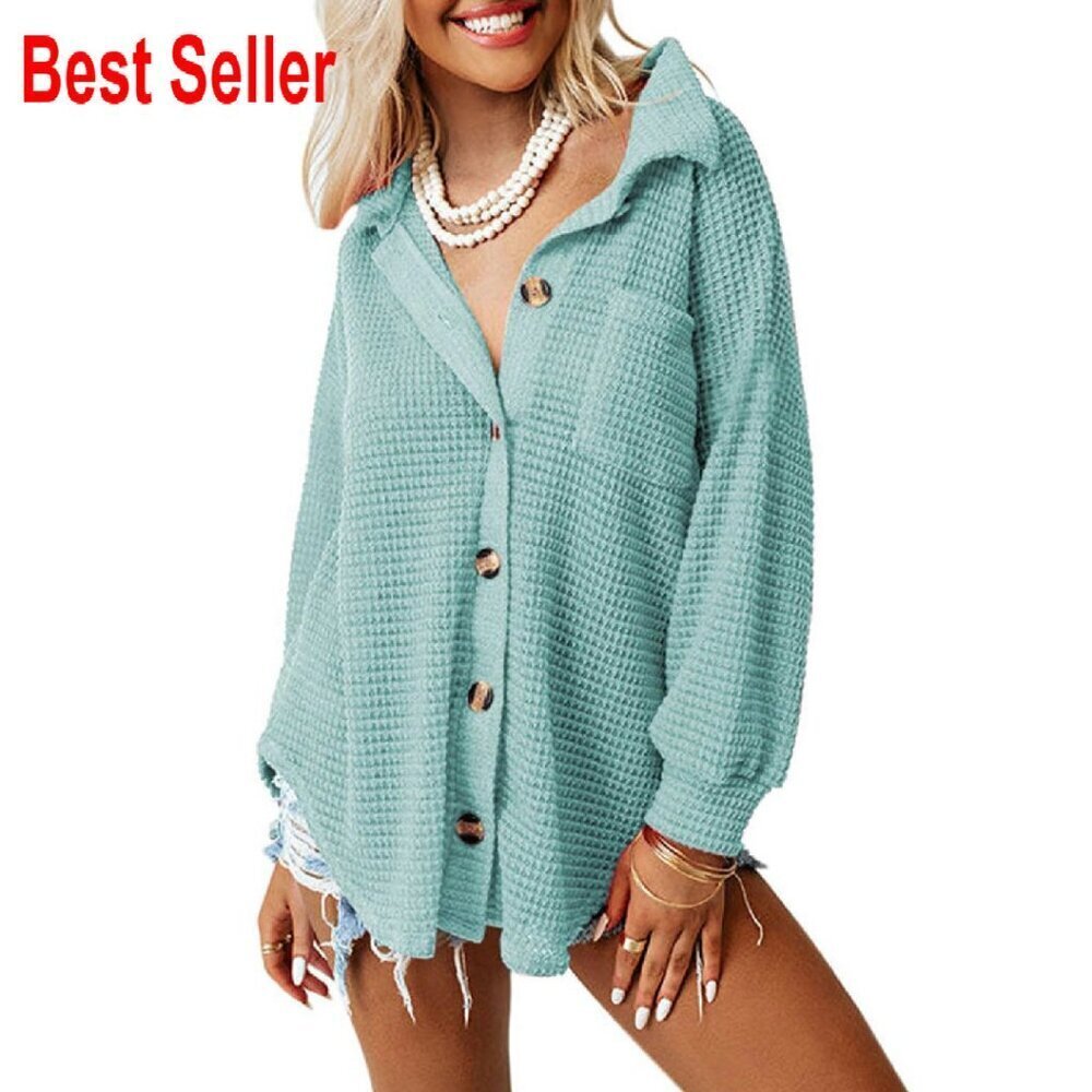 Waffle Knit Shacket Button Down Blouse Loose Fit Boyfriend Style Chic